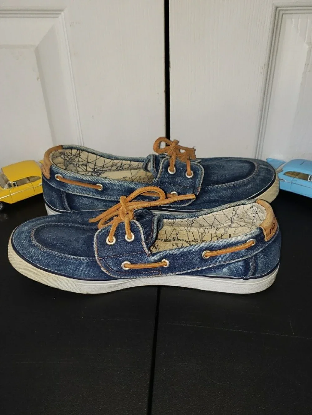 Nautica Men’s Denim-Style Boat Shoes in Blue with Tan Laces